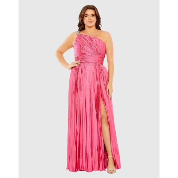 MAC DUGGAL WOMEN'S PINK ONE SHOULDER EMBELLISHED PLEATED SLEEVELESS GOWN SZ 16W - Picture 1 of 4